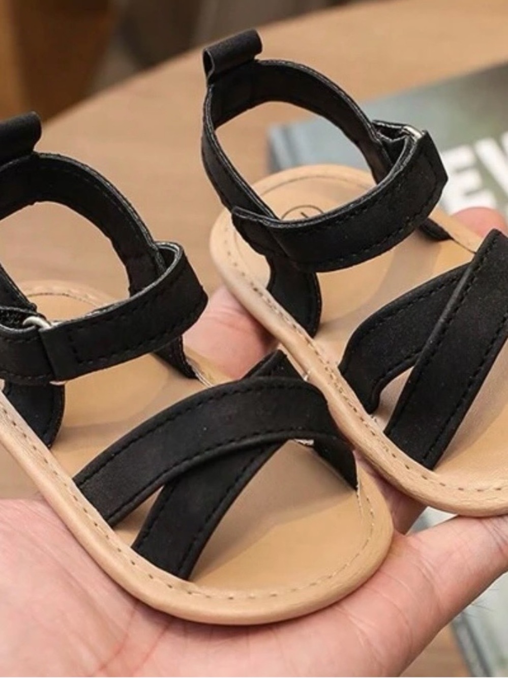 SHEIN Black Strappy Toddler Sandals with Tan Footbed